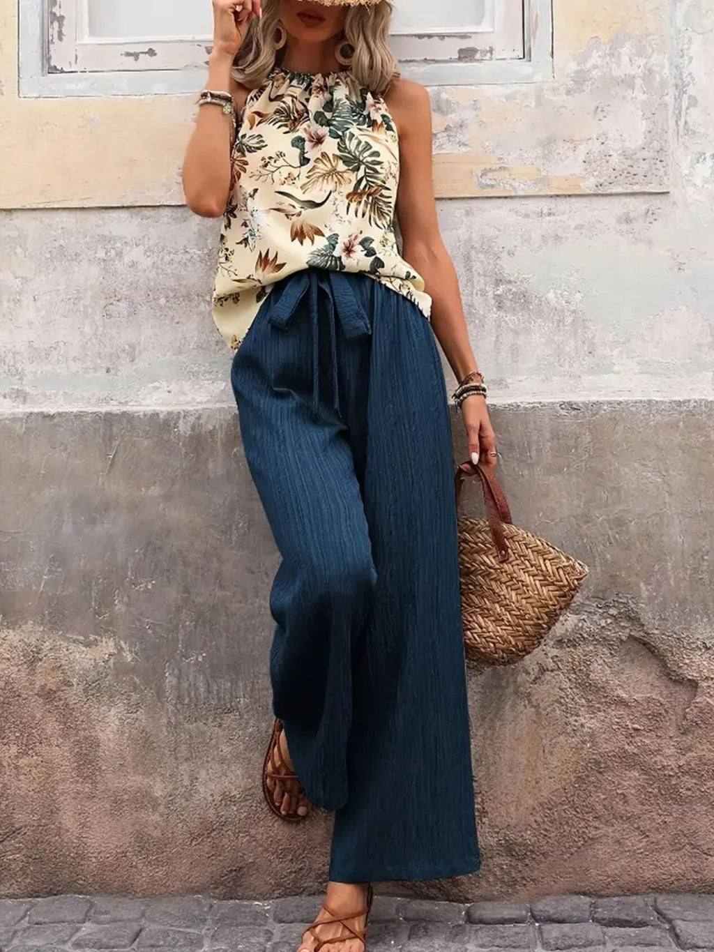 Printed Tank Top and Wide Leg Pants Set