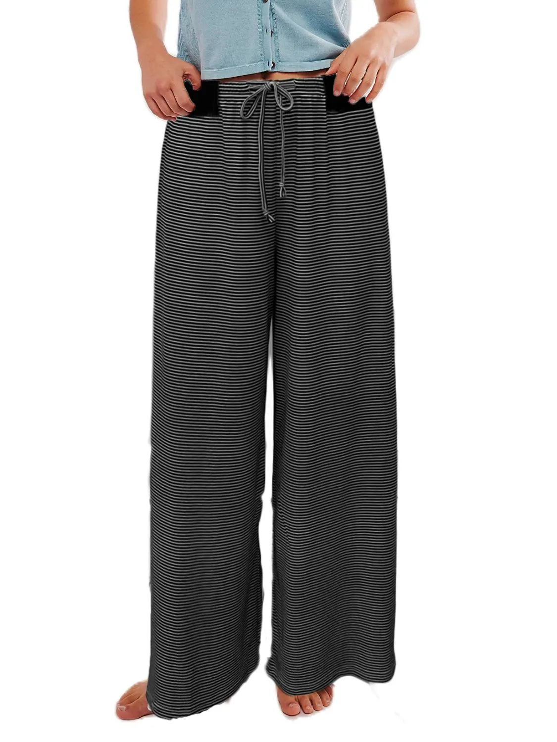 Drawstring Striped Wide Leg Pants