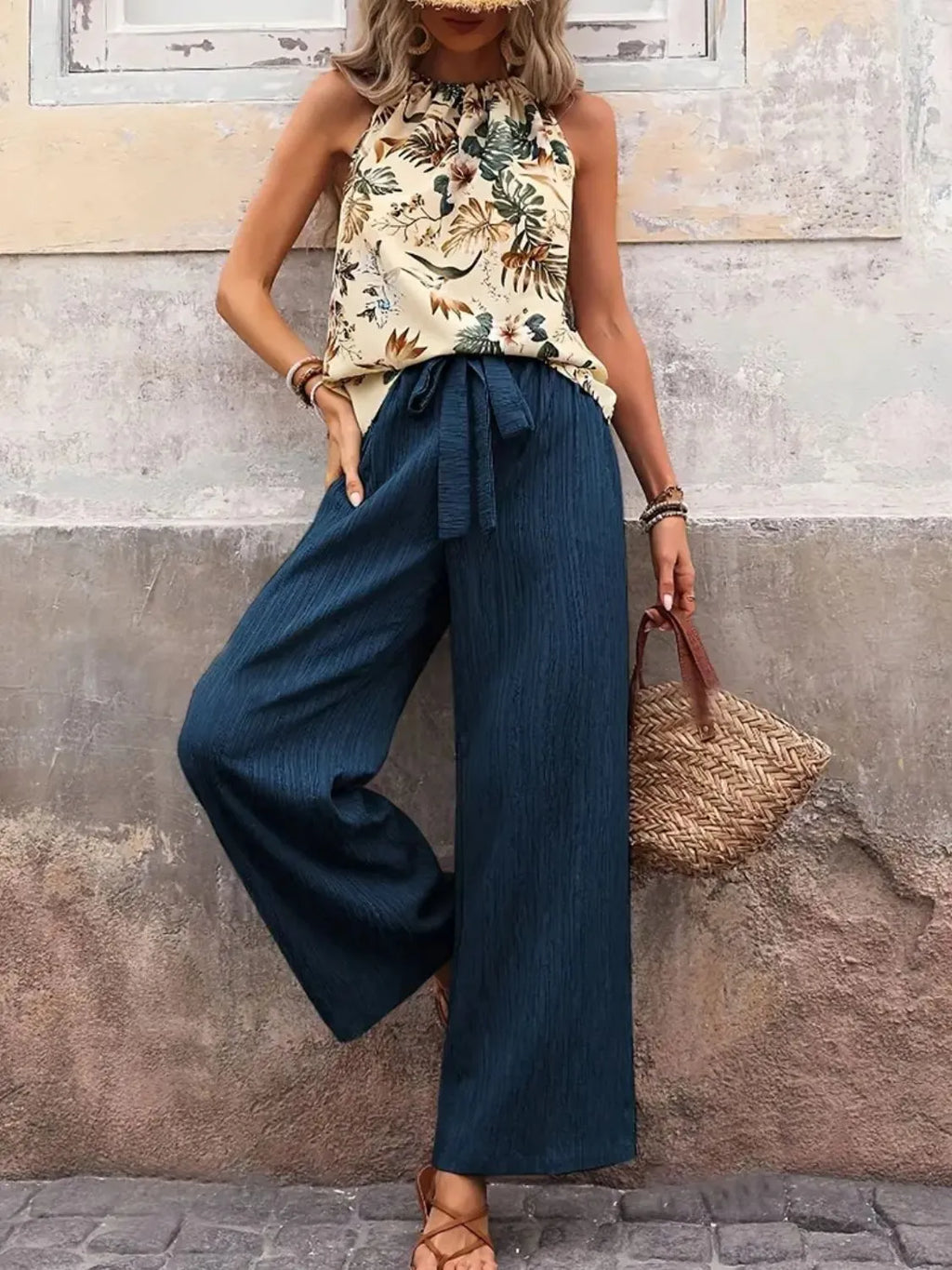 Printed Tank Top and Wide Leg Pants Set